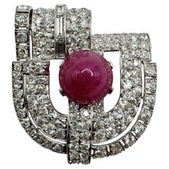 Platinum Cabochon Ruby and Diamond Brooch
