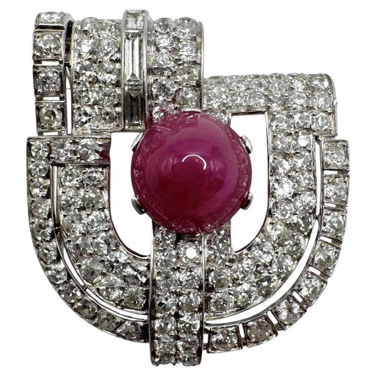 Platinum Cabochon Ruby and Diamond Brooch For Sale at 1stDibs