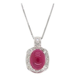 Platinum Cabochon Ruby and Diamond Halo Pendant Necklace