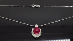 Platinum Cabochon Ruby and Diamond Halo Pendant Necklace