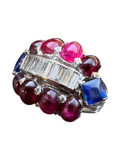 Platinum Cabochon Ruby, Sapphire & Diamond Cocktail Ring