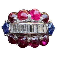 Platinum Cabochon Ruby, Sapphire & Diamond Cocktail Ring
