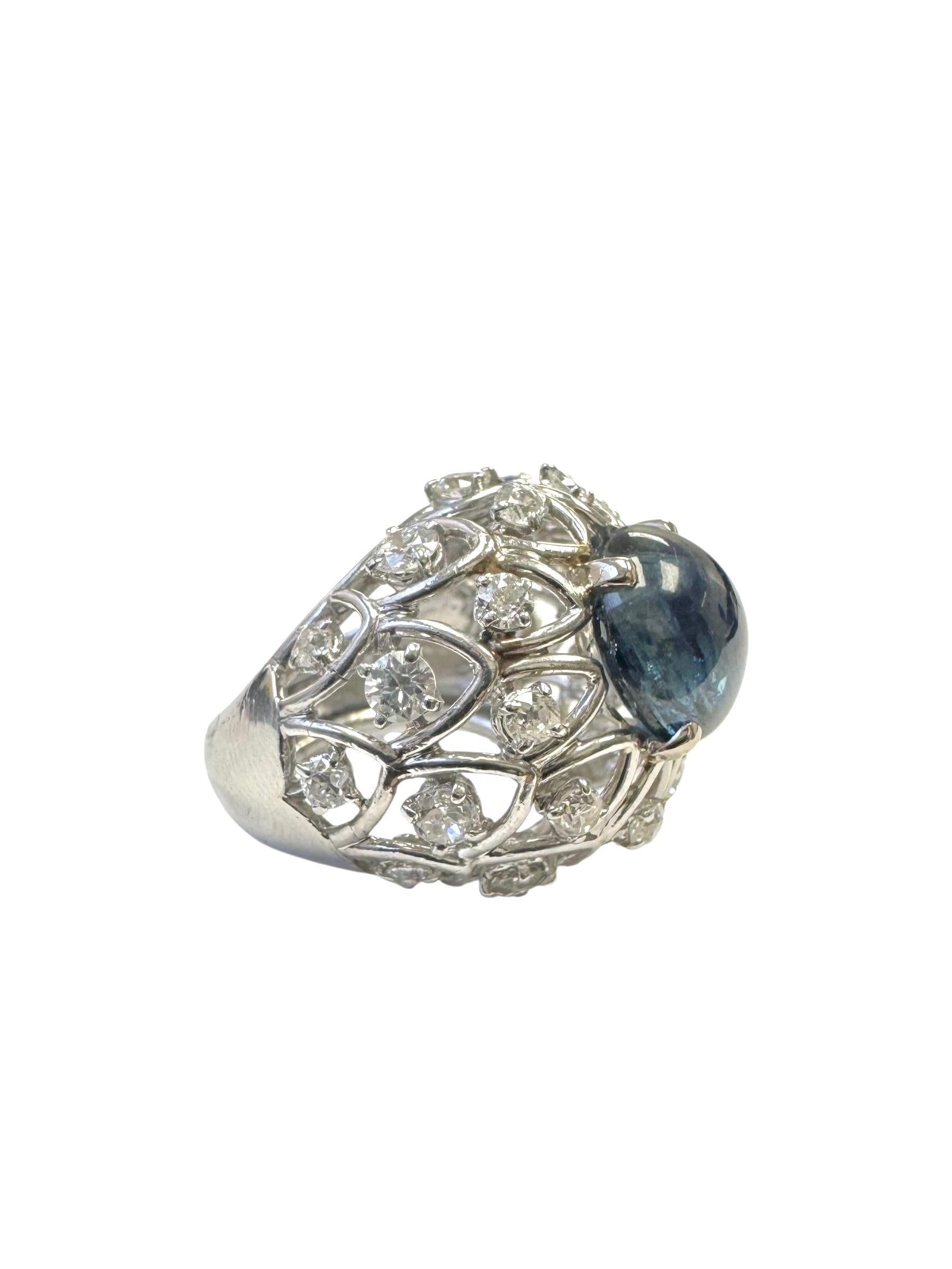 da uomo o donna Anello in platino con zaffiro cabochon e diamante a cupola in vendita