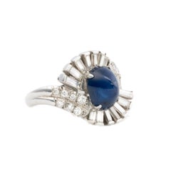 Platinum Cabochon Sapphire and Diamond Wave Ring