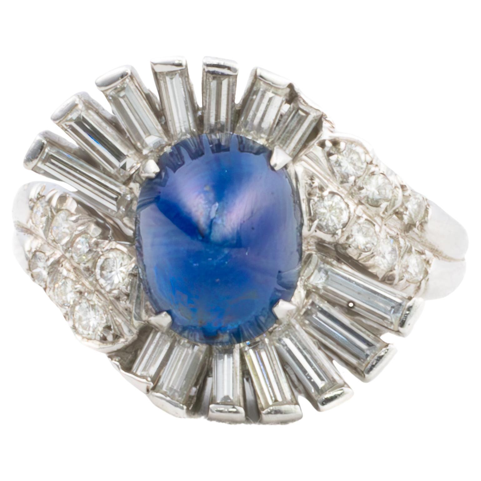 Platin Cabochon Saphir und Diamant Wellenring im Angebot