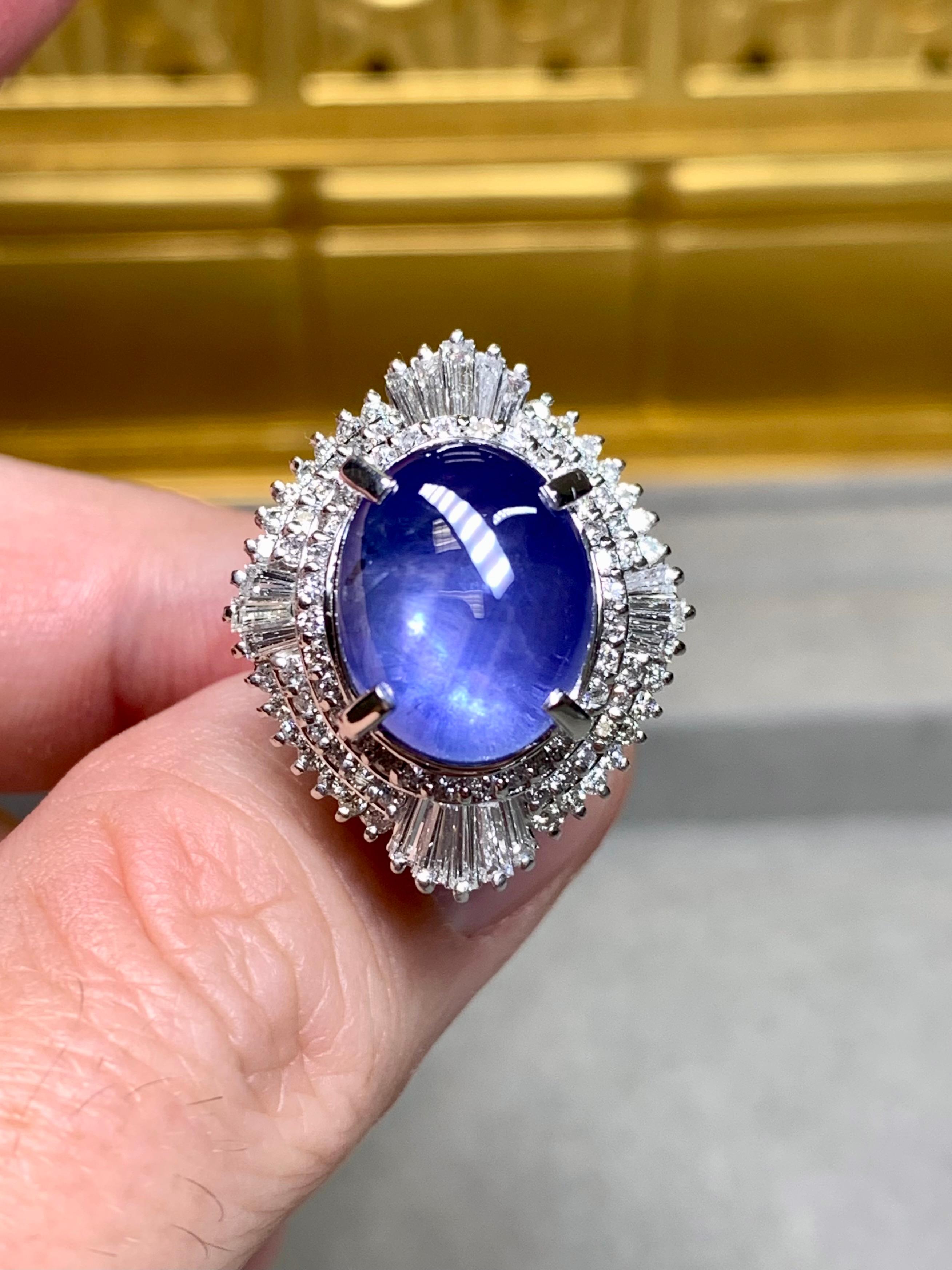 Retro Platinum Cabochon Star Sapphire Baguette Round Diamond Cocktail Ring 18.33ctw For Sale