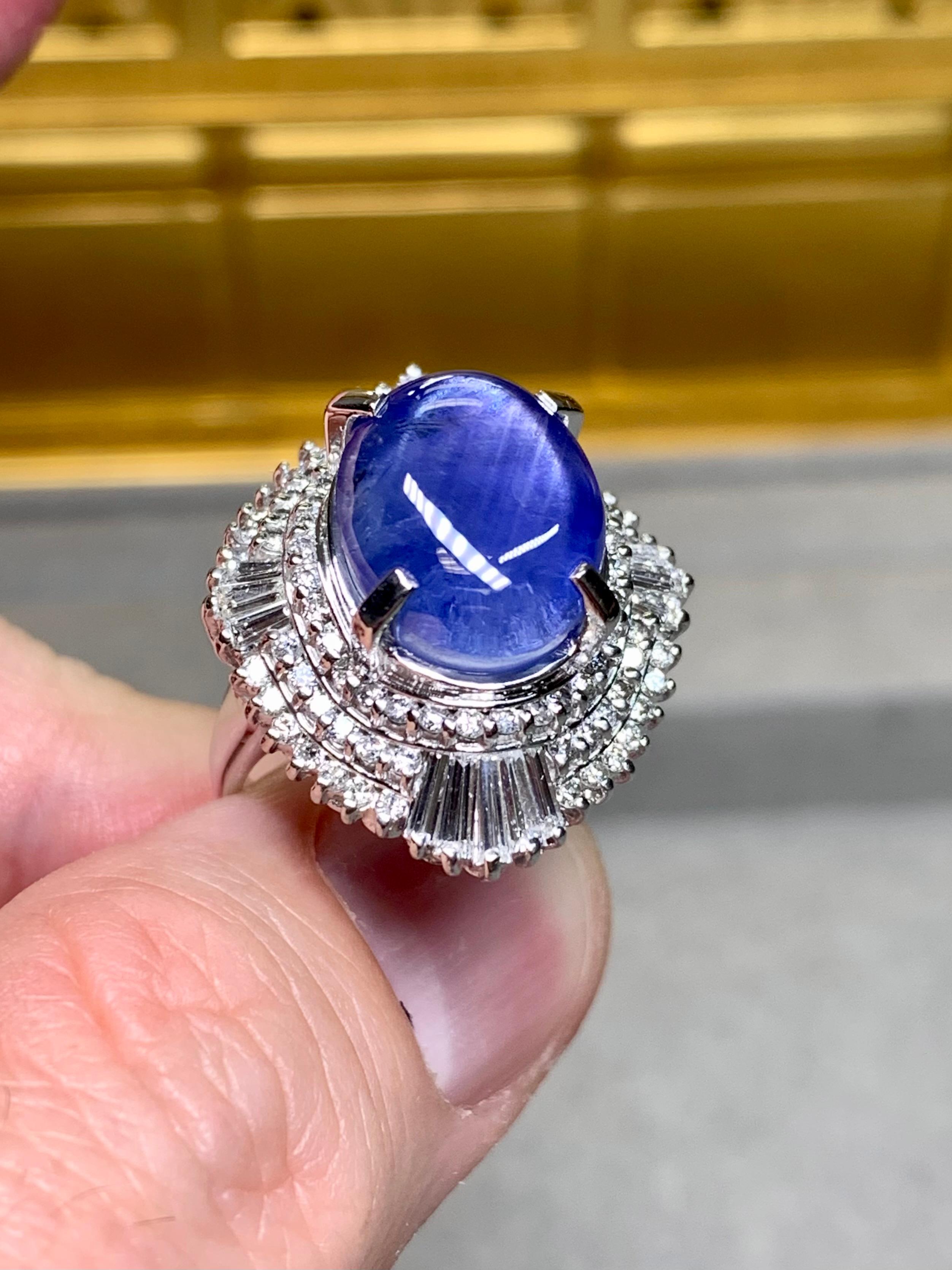 Platinum Cabochon Star Sapphire Baguette Round Diamond Cocktail Ring 18.33ctw In Good Condition For Sale In Winter Springs, FL