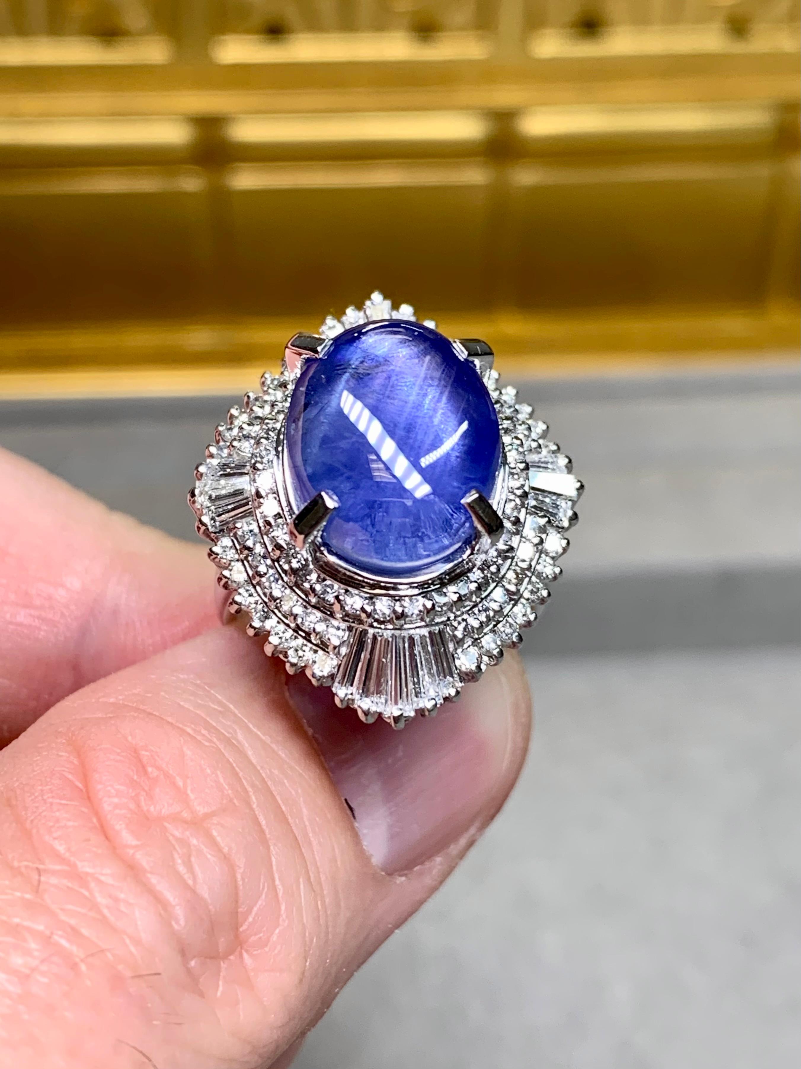 Women's or Men's Platinum Cabochon Star Sapphire Baguette Round Diamond Cocktail Ring 18.33ctw For Sale