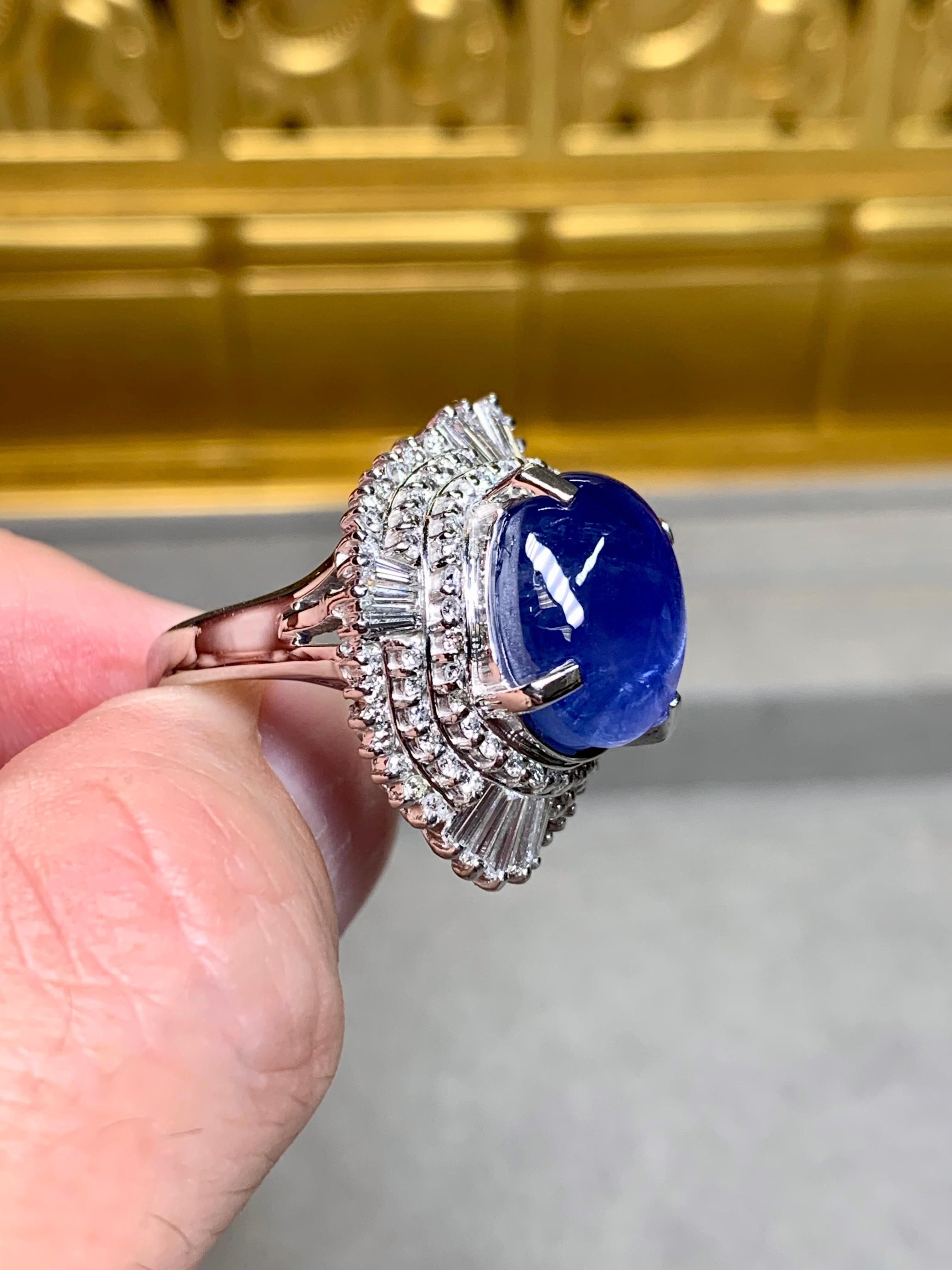 Platinum Cabochon Star Sapphire Baguette Round Diamond Cocktail Ring 18.33ctw For Sale 1