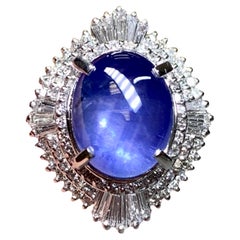 Platinum Cabochon Star Sapphire Baguette Round Diamond Cocktail Ring 18.33ctw
