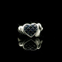 Platinum Calibre Cut Cabochon Sapphire & Diamond Heart Invisible Set Band Ring