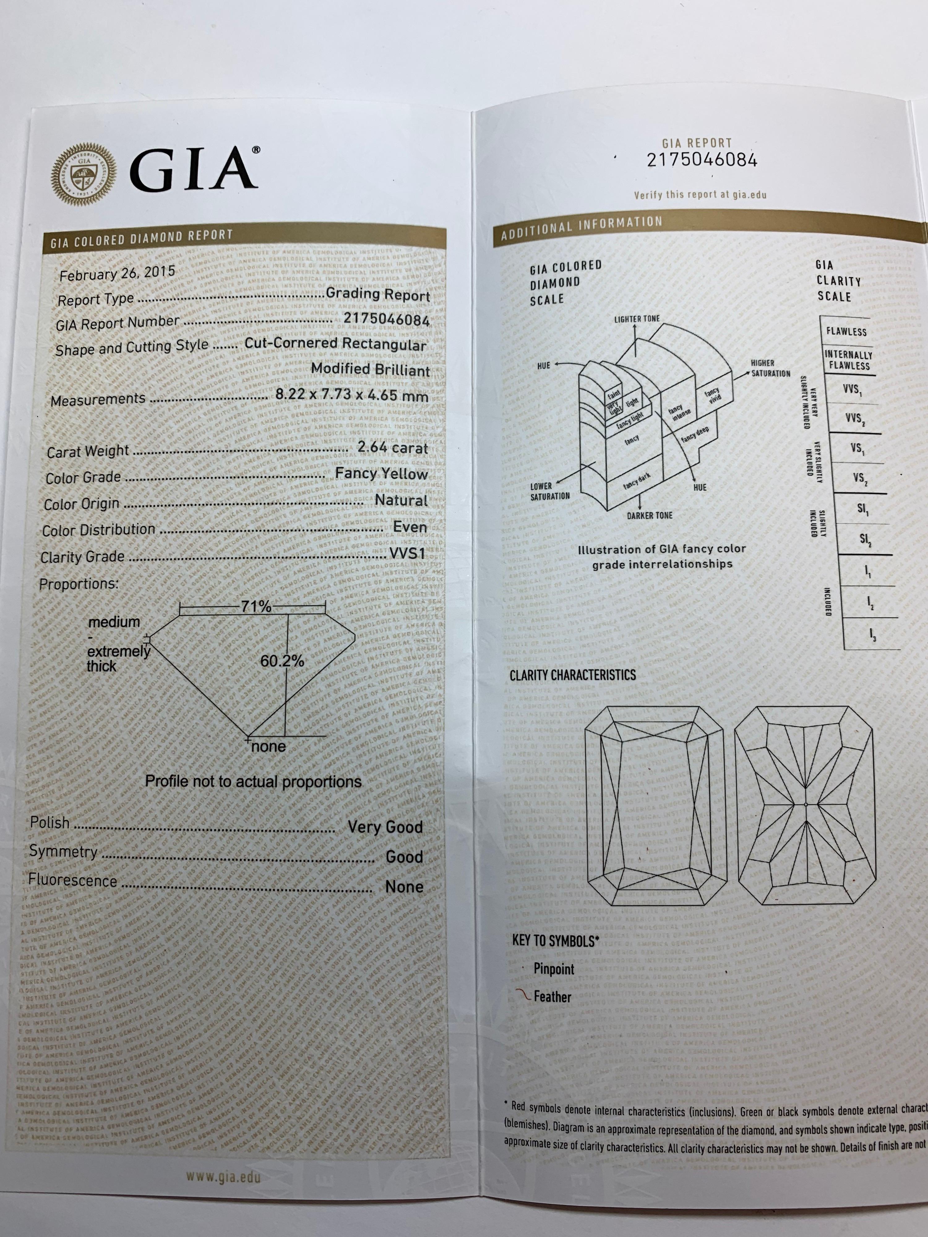 GIA zertifiziert 2,64 Karat natürlichen Fancy Gelb VVS1 Diamant Plat Verlobungsring im Zustand „Hervorragend“ im Angebot in Los Angeles, CA