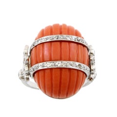Platinum Carved Coral and Diamond Ring
