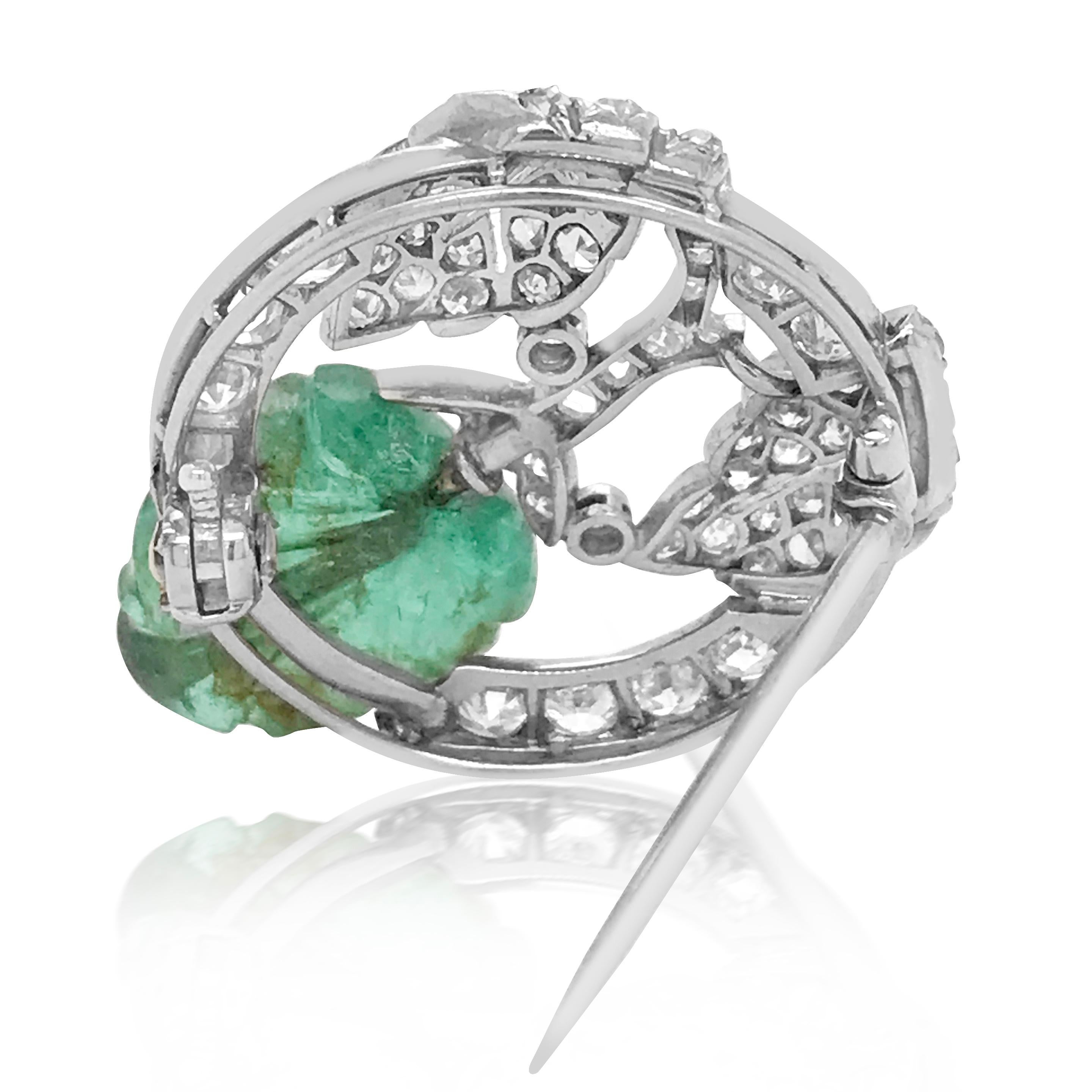 Art Deco Platinum, Carved Emerald and Diamond Pin, Marchak, Paris