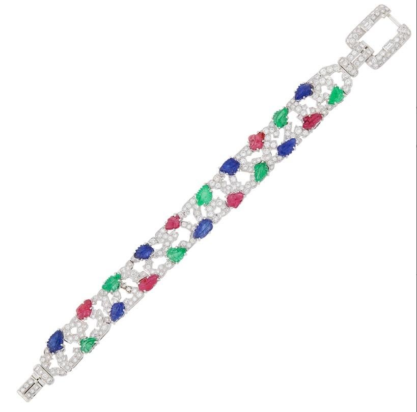 Artist Platinum, Carved Ruby Sapphire  Emerald  and Diamond Bracelet For Sale