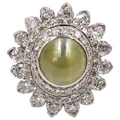 Vintage Platinum Cats Eye Chrysoberyl and Diamond Cocktail Ring