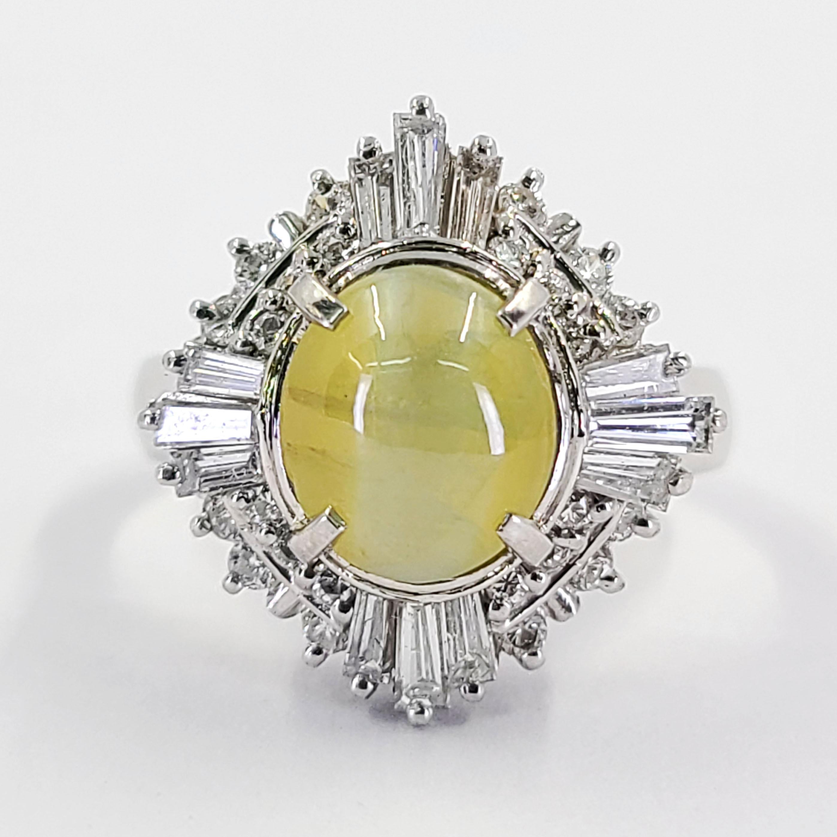 Platinum Ring Featuring A 2.45 Carat Cat's Eye (Phenomenal) Chrysoberyl Accented By 0.80 Carat Total Weight Round Brilliant and Tapered Baguette Diamonds Of VS Clarity & G/H Color. Finger Size 6; Purchase Includes One Sizing Service Prior To