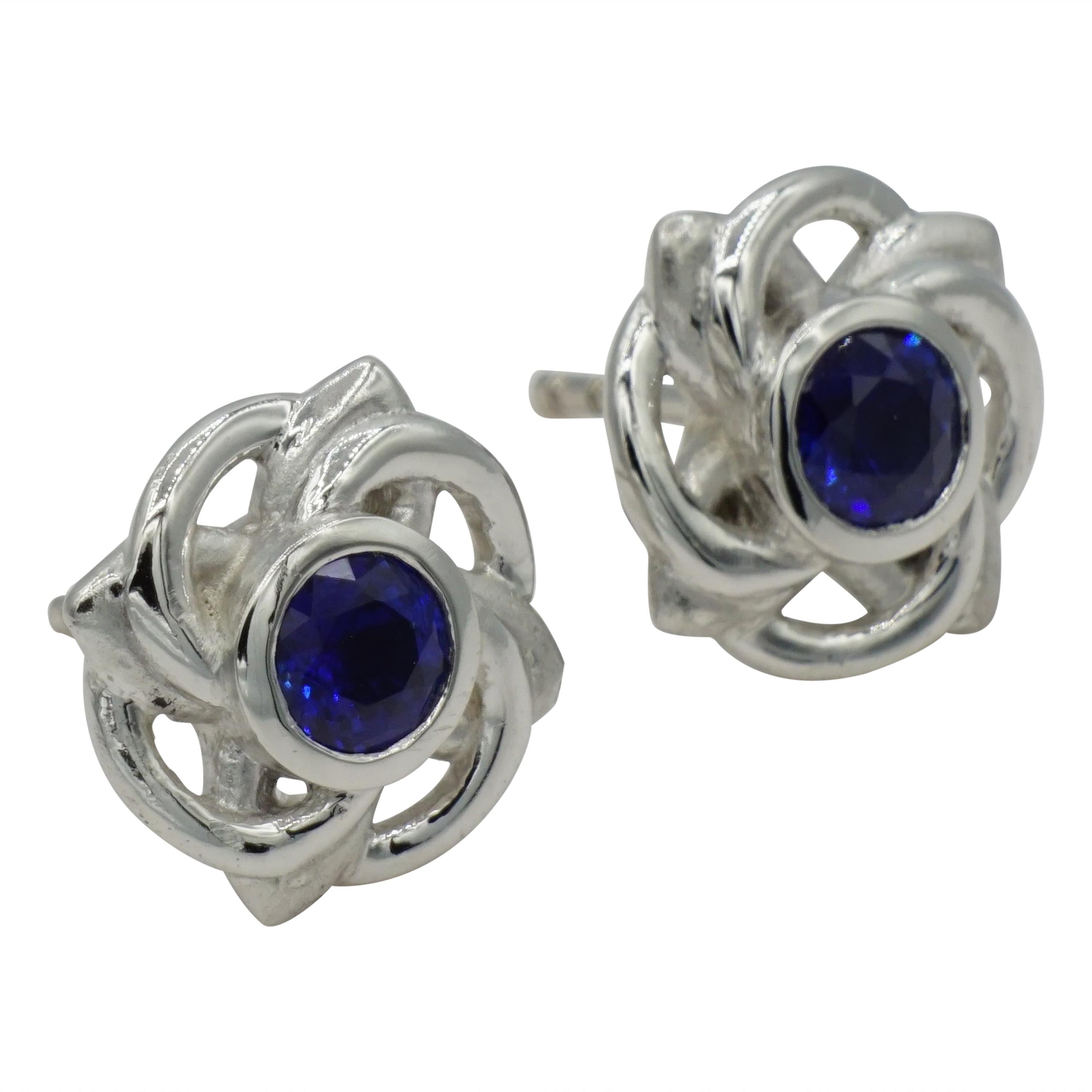 Platinum Celtic Knot Round Fine Ceylon Sapphire Earrings by Rock N Gold For Sale