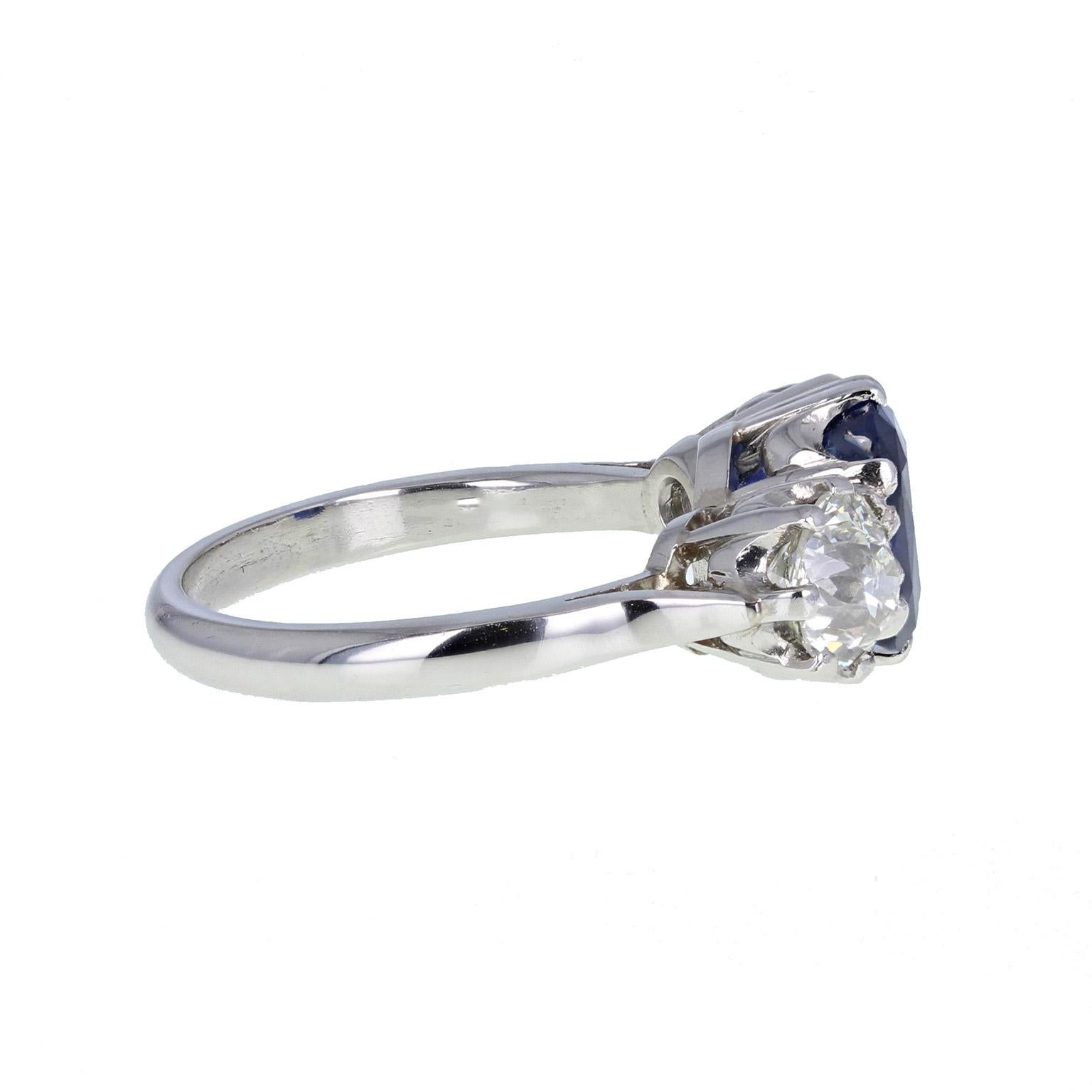 Art Deco  Certificated 3.75 Carat Natural Burma Blue Sapphire Diamond Three-Stone Ring For Sale