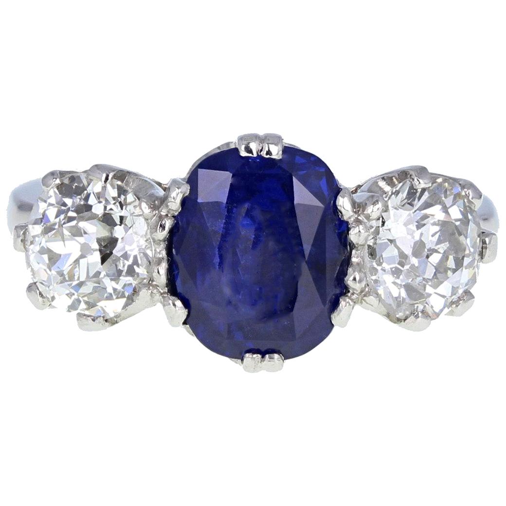  Certificated 3.75 Carat Natural Burma Blue Sapphire Diamond Three-Stone Ring For Sale