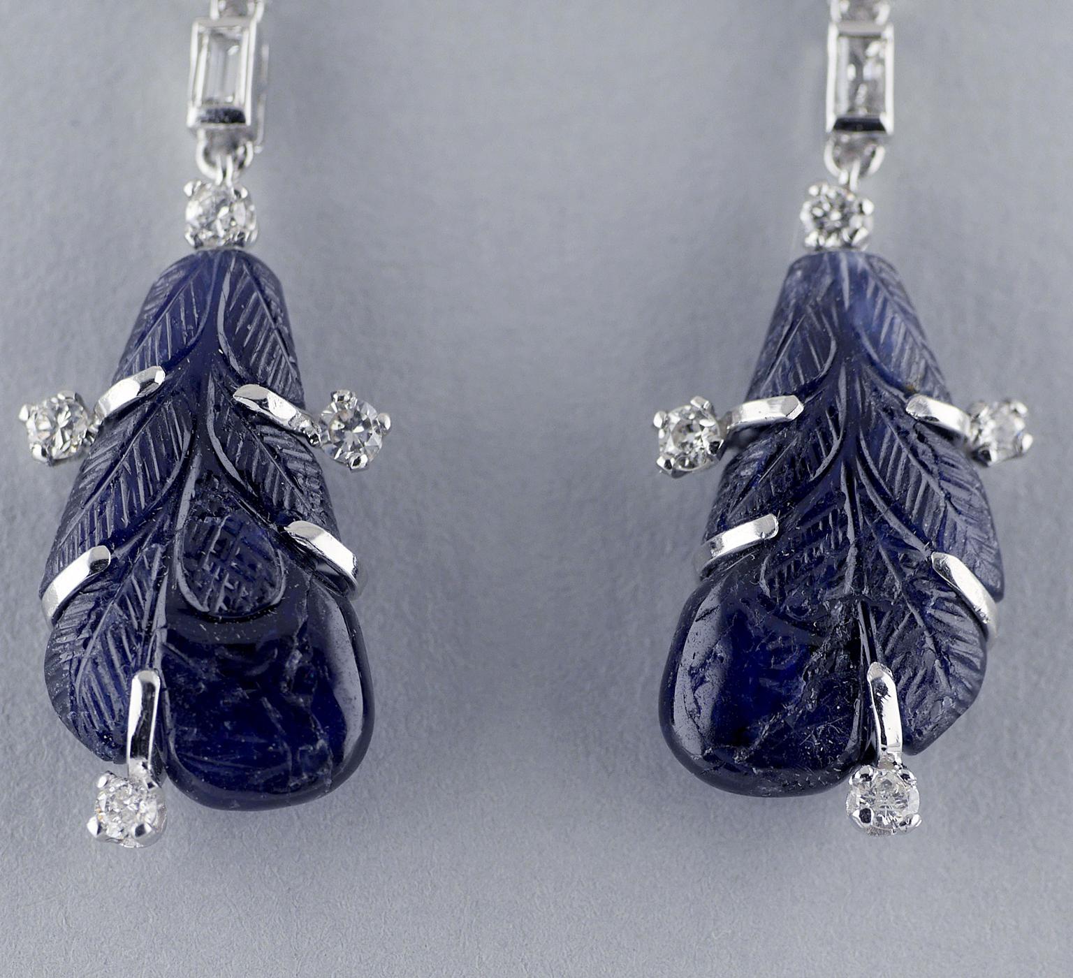 Round Cut Platinum Certified Untreated Carved Sapphire Diamond Drop Earrings