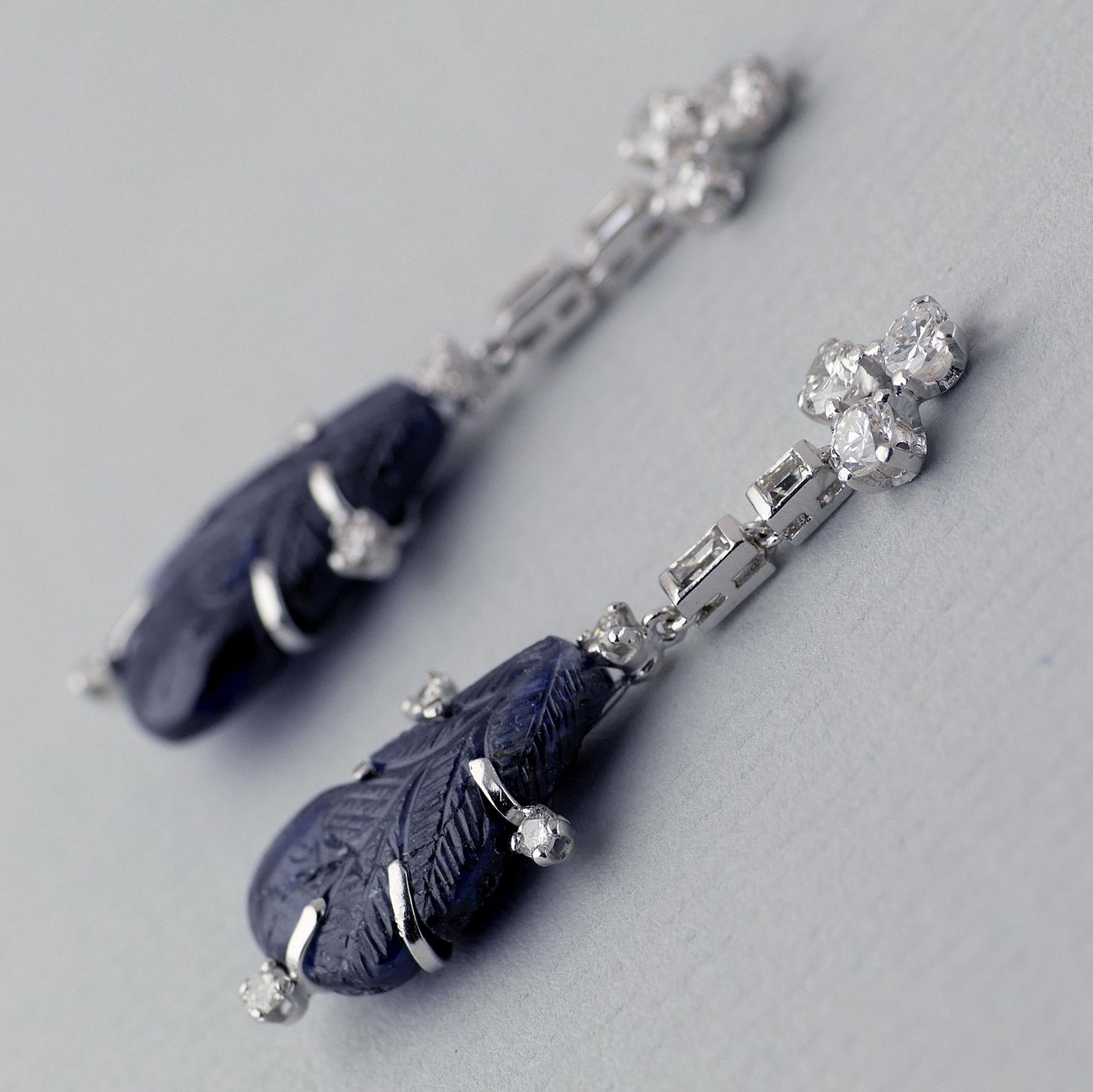 Women's Platinum Certified Untreated Carved Sapphire Diamond Drop Earrings