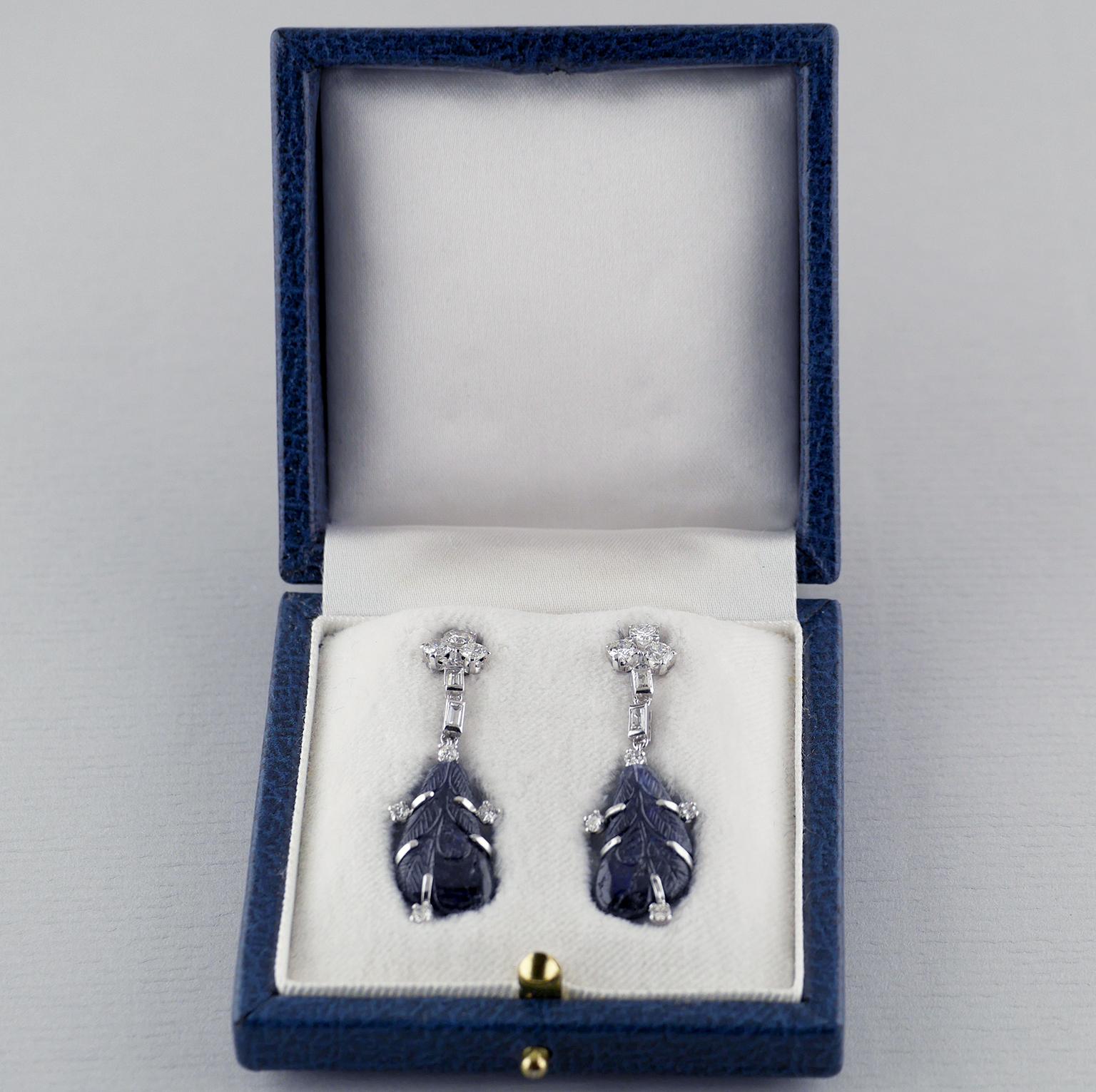 Platinum Certified Untreated Carved Sapphire Diamond Drop Earrings 2