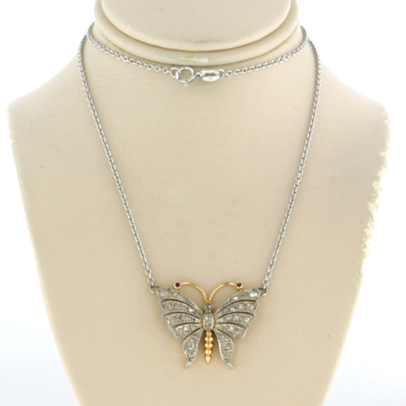 platinum necklace with gold and platinum in a butterfly shape set with rose cut diamond up to 0.50ct/ 45 cm

detailed description

The size of the center piece is 2.8 cm wide by 2.1 cm high

necklace is 1.3 mm wide

weight 7.8 grams

set with

- 2 x