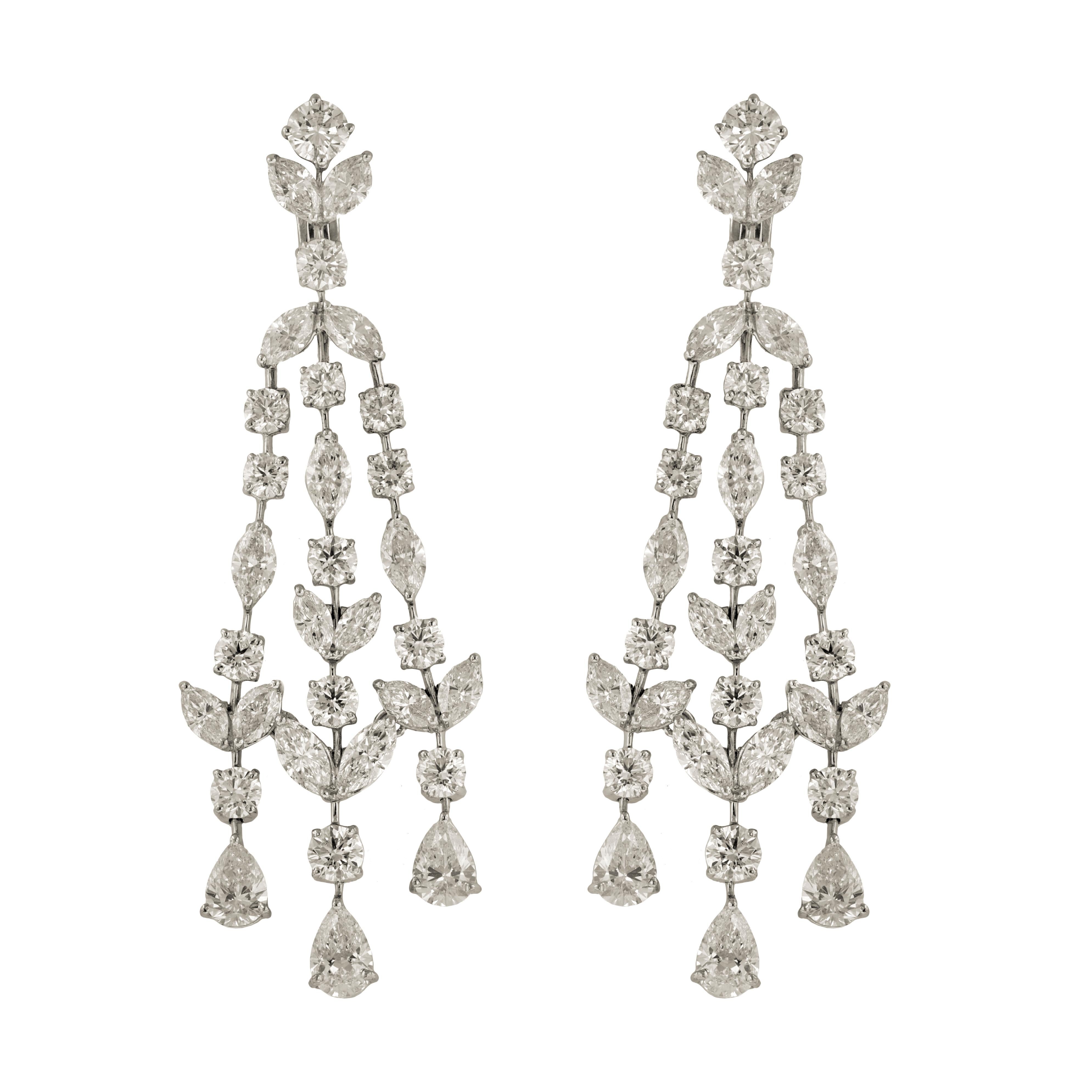 Platinum diamond chandelier earrings with 5 gia certified diamonds, features 30.50ct of round, pear shape and marquise diamonds.
