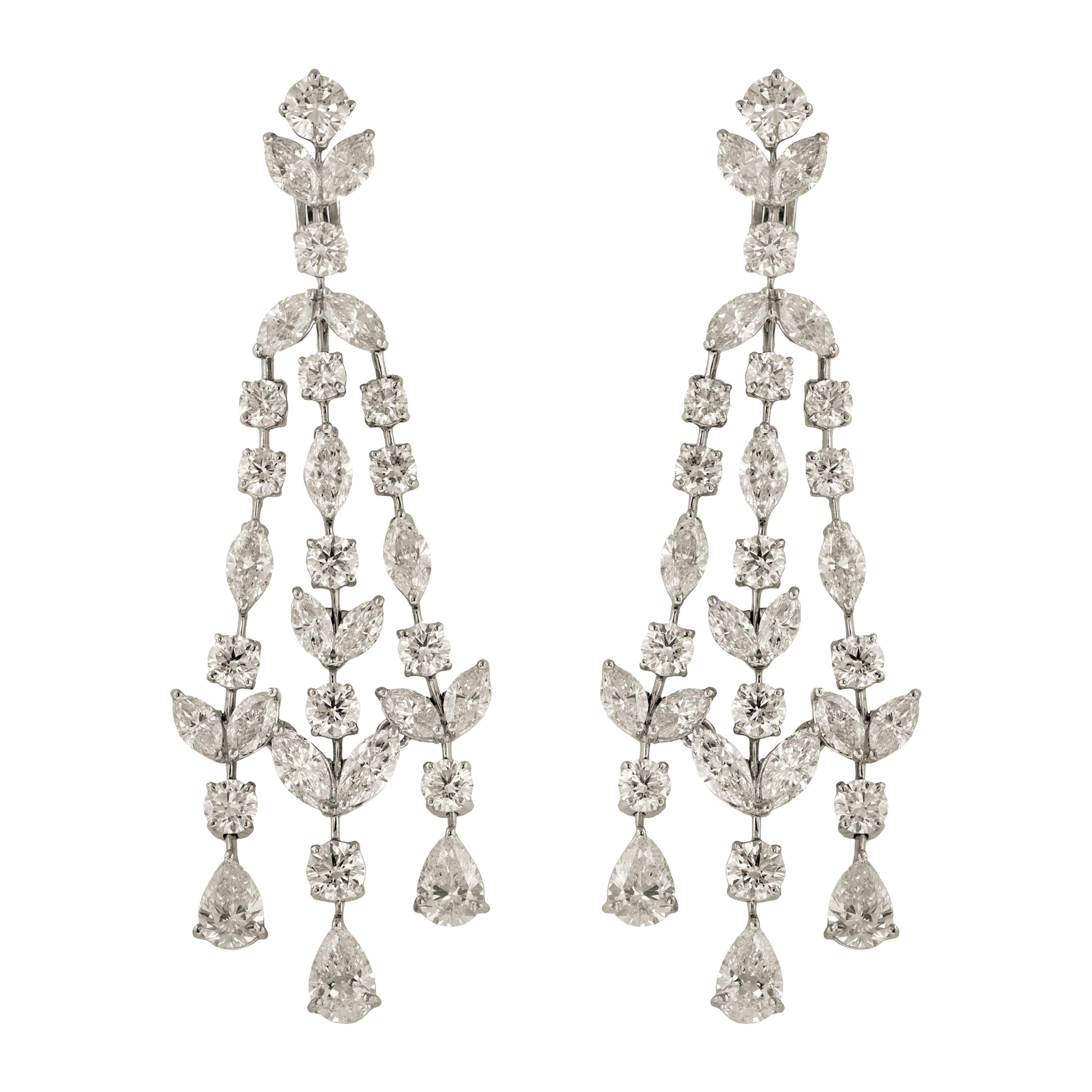 Platinum Chandelier Earrings with Pear Shape and Marquise Diamonds For Sale