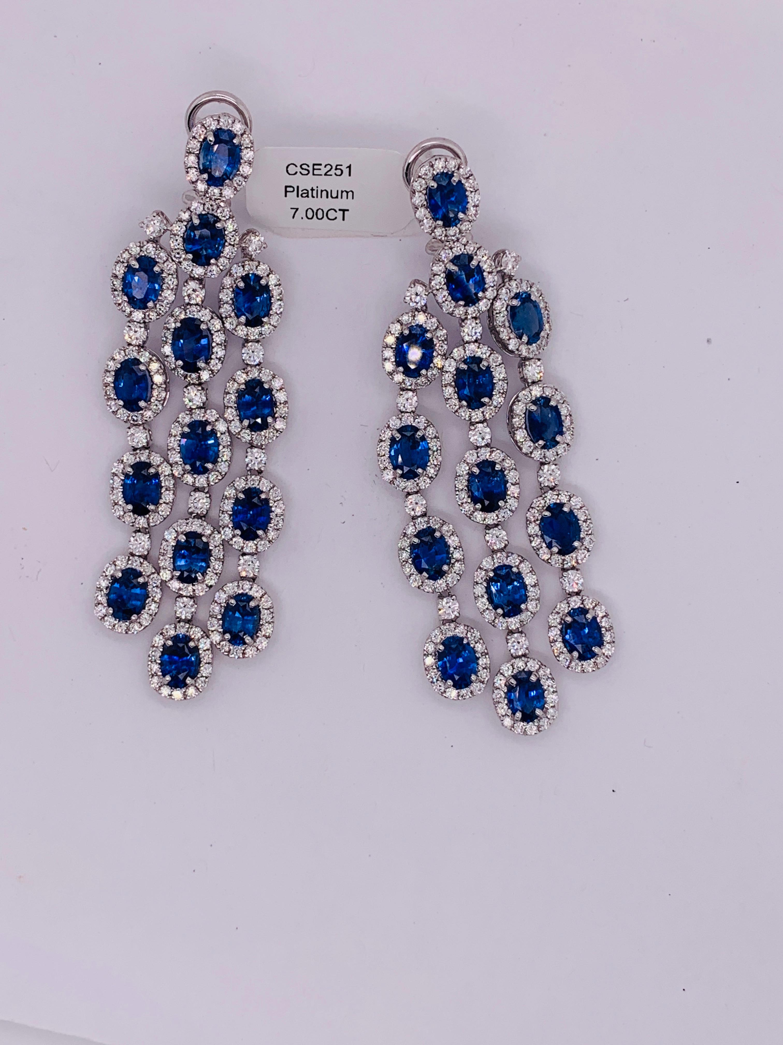 Oval Cut Diana M. Platinum Chandelier Sapphire and Diamond Earrings For Sale