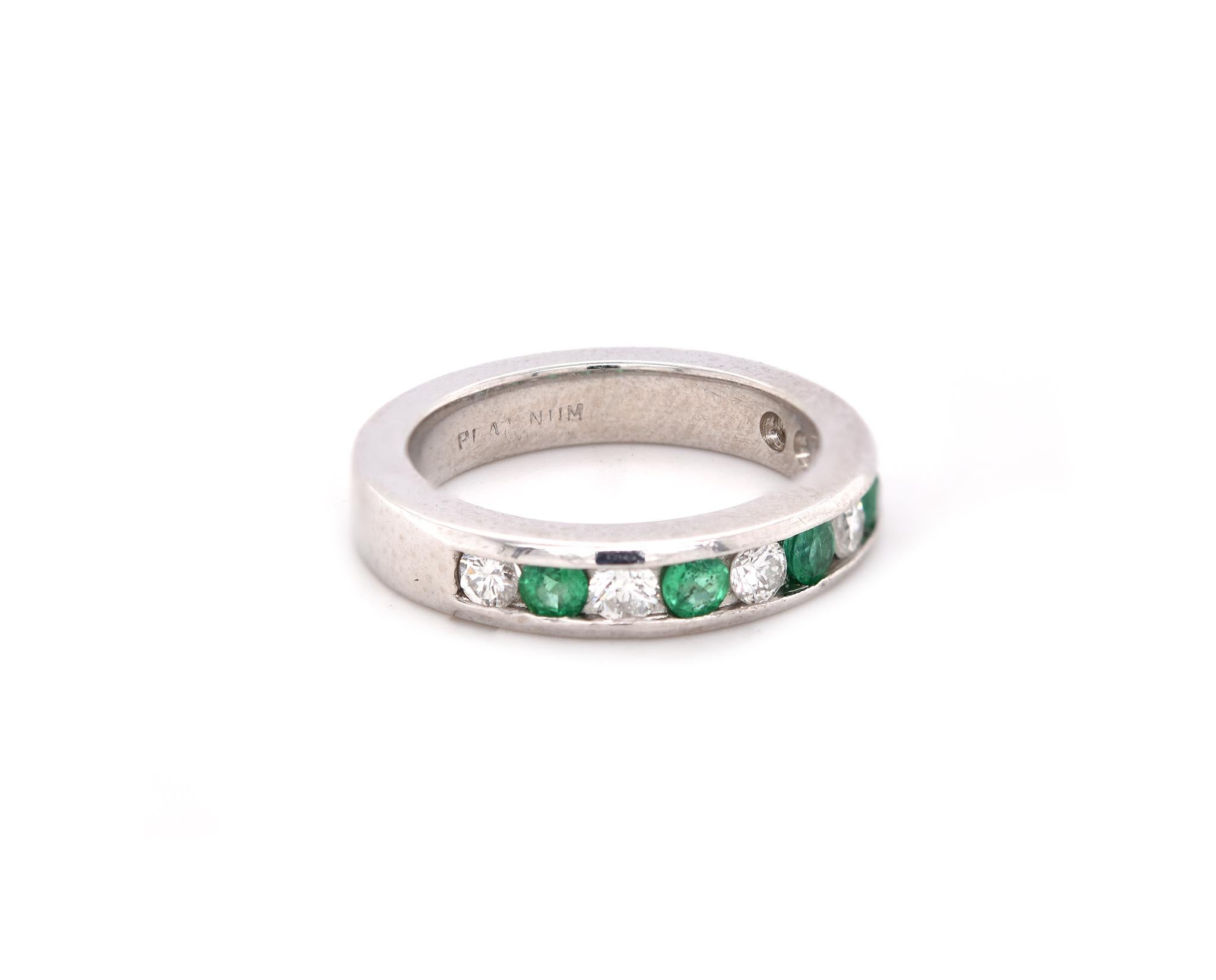 Material: platinum
Diamond: 6 round cut = .30cttw
Color: H
Clarity: VS2
Emerald: 5 round cut = .15cttw
Ring Size: 4.25 (please allow up to 2 additional business days for sizing requests)
Dimensions: ring top measures 3.55mm wide
Weight: 7.7 grams
