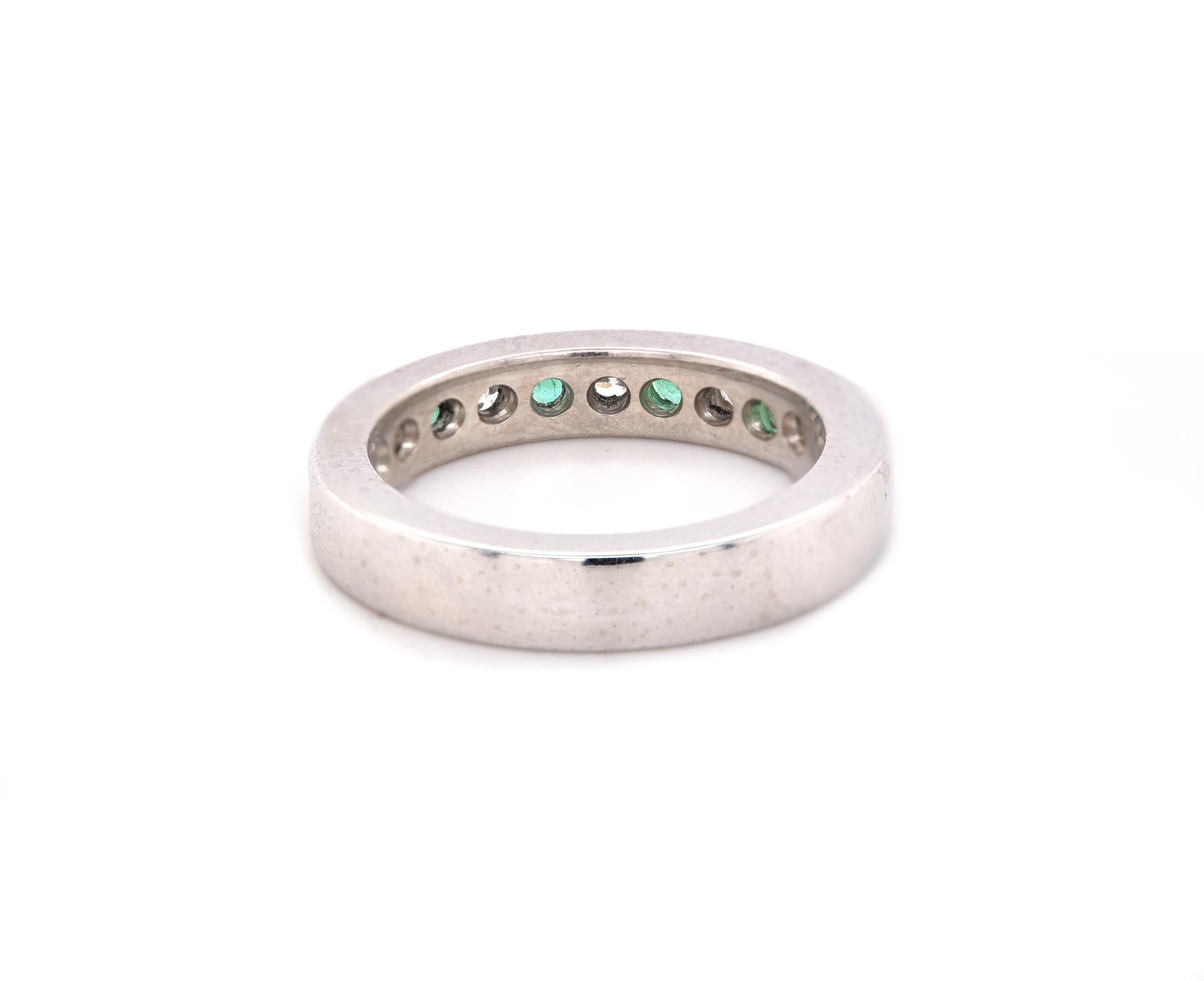Round Cut Platinum Channel Set Diamond and Emerald Band For Sale
