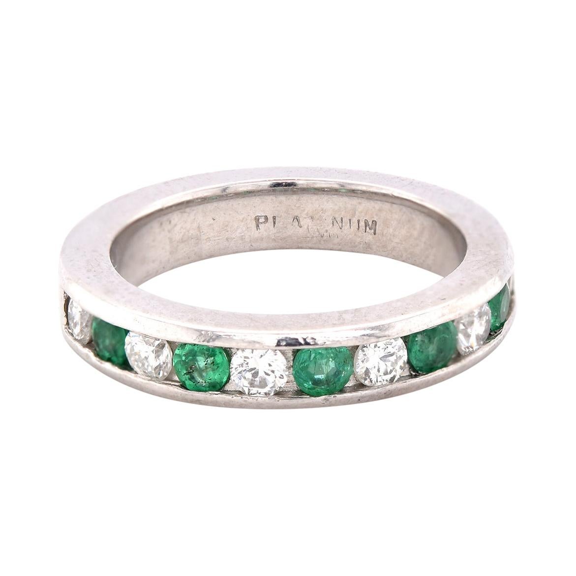 Platinum Channel Set Diamond and Emerald Band For Sale