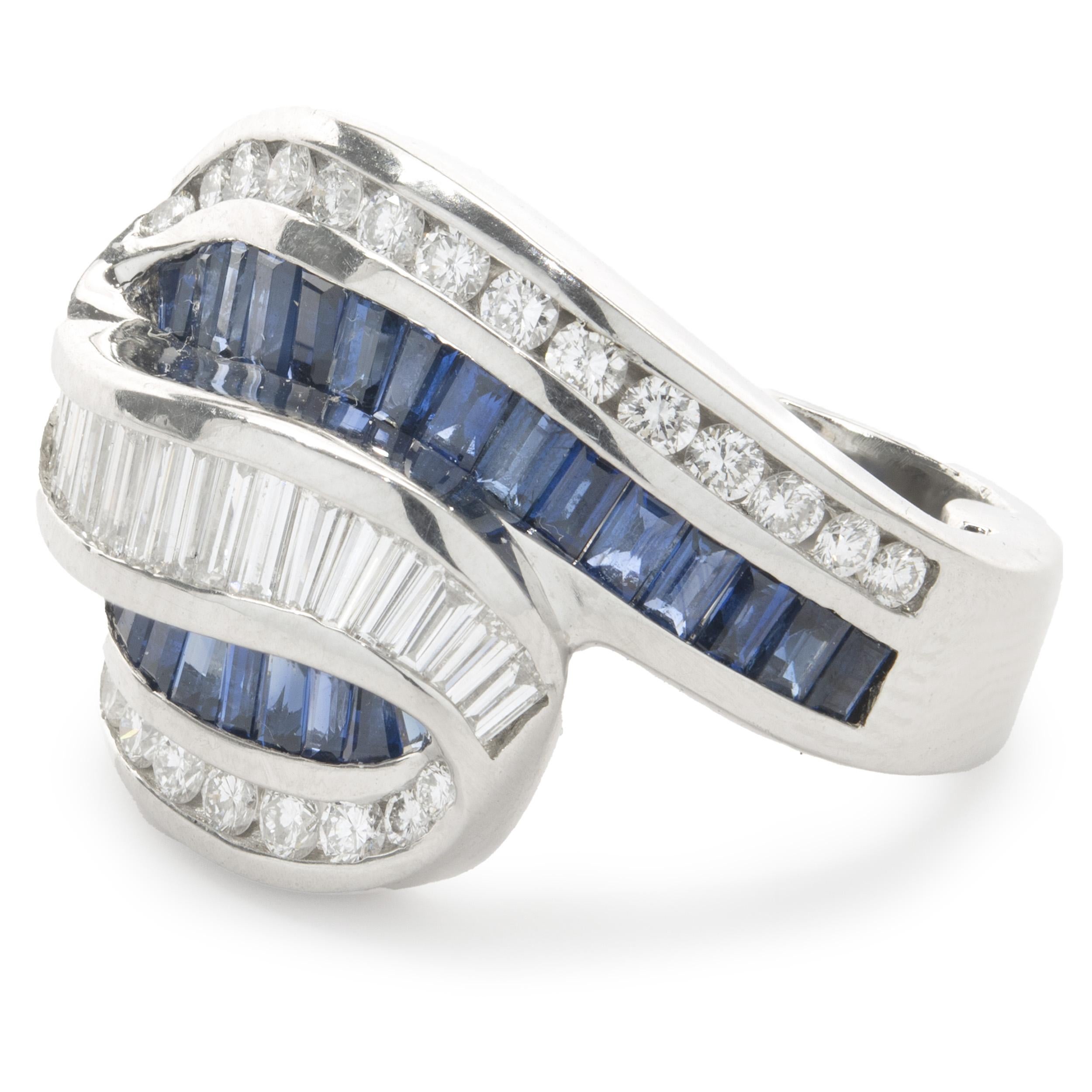Baguette Cut Platinum Channel Set Diamond and Sapphire Wave Ring