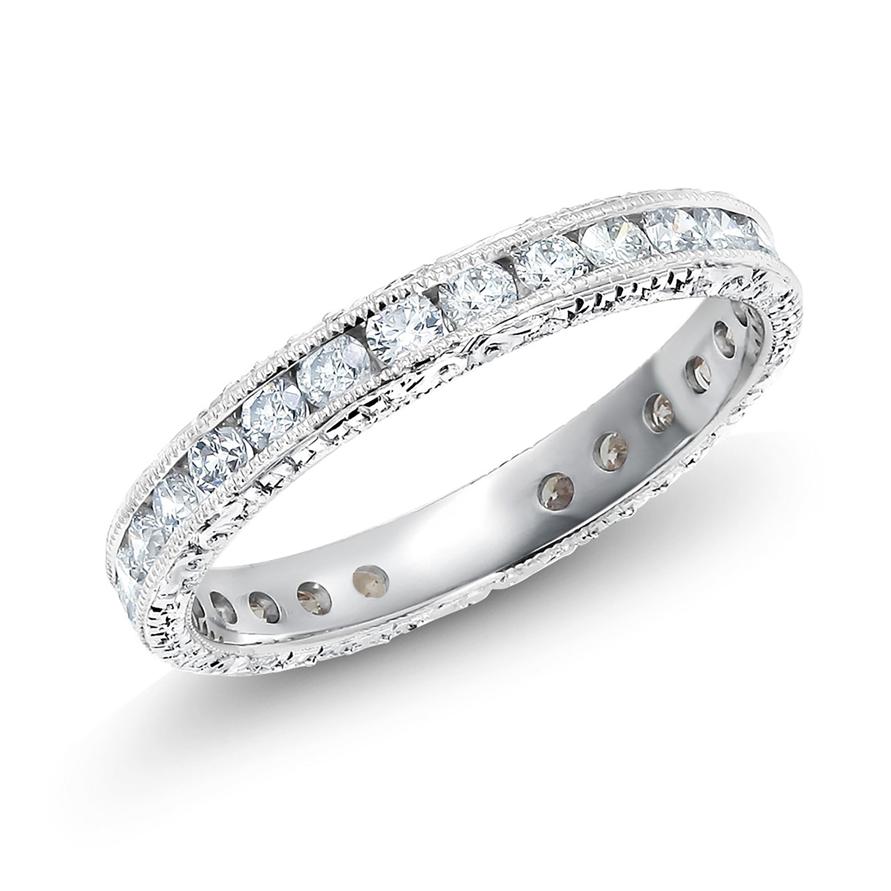 Round Cut Platinum Channel Set Diamond Eternity Band with Old Master Hand Engraving