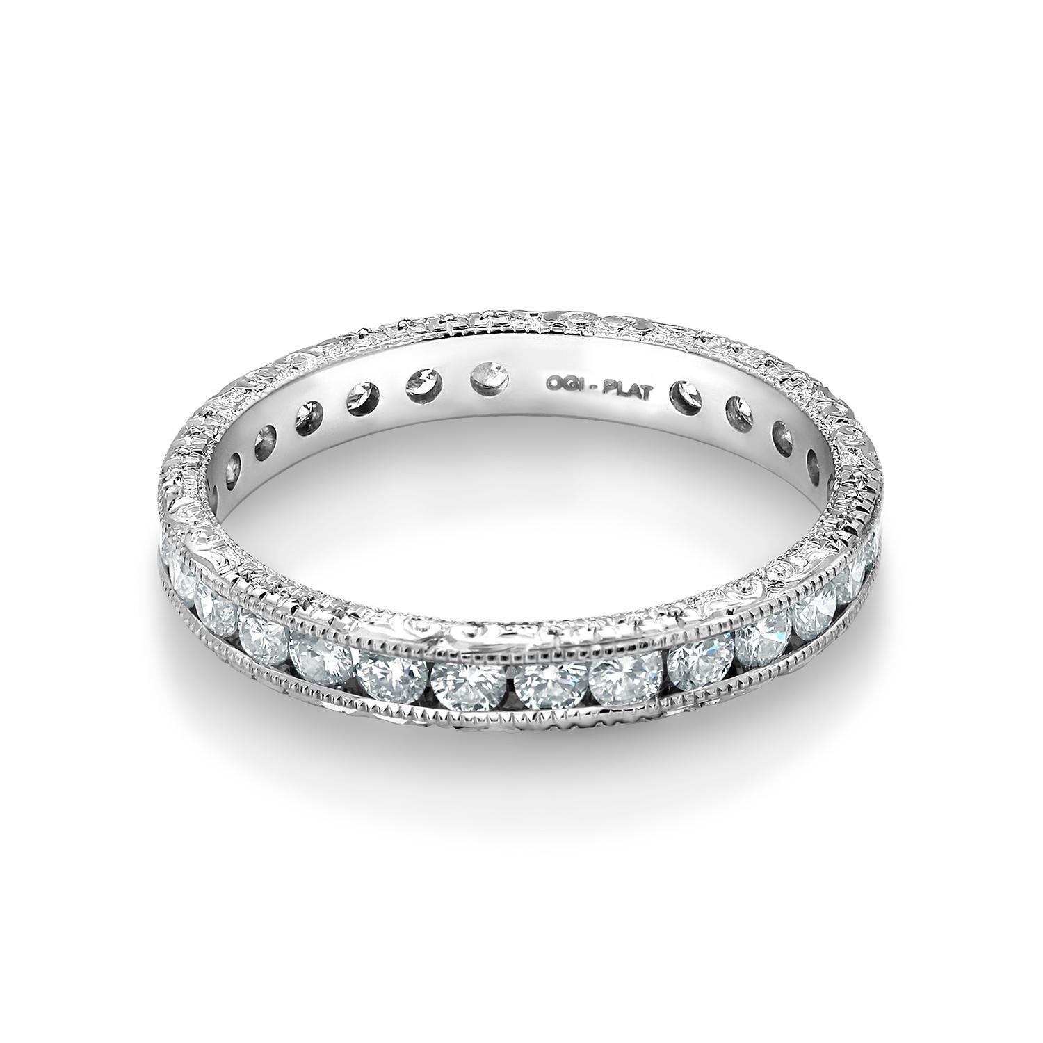 Women's Platinum Channel Set Diamond Eternity Band with Old Master Hand Engraving