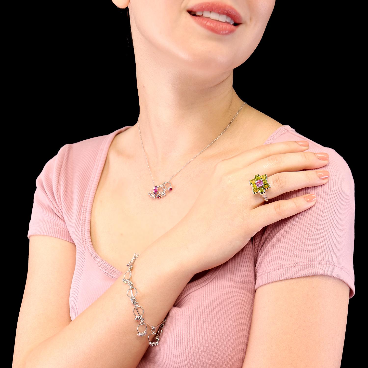 Women's Platinum Charm Bracelet with Miniature Rings Diamonds and Colored Gemstones For Sale