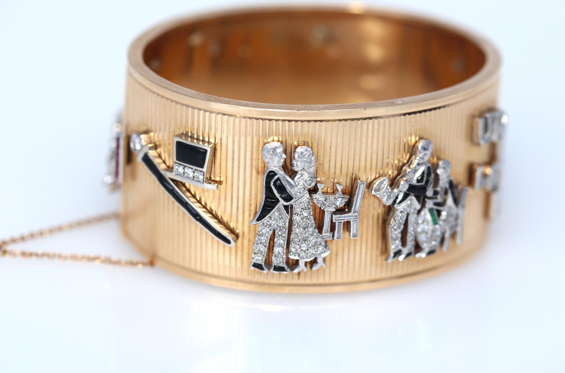 A beautiful 14 Karat Yellow Gold bangle featuring Platinum, Diamonds and other precious stones charms following a theme or marriage. The Platinum charms are as follows: 
Dandy’s hat and stick with Onyx and Diamonds, A dancing pair with a restaurant
