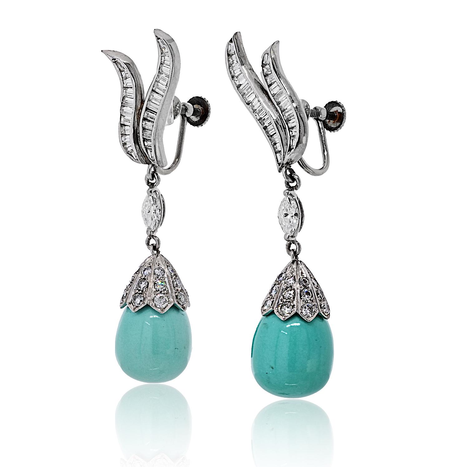 Taglio rotondo Orecchini a goccia in platino Circe 1960 con diamante e turchese in vendita