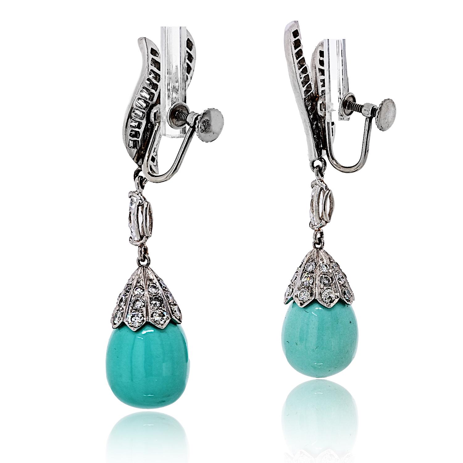 Orecchini a goccia in platino Circe 1960 con diamante e turchese In condizioni ottime in vendita a New York, NY