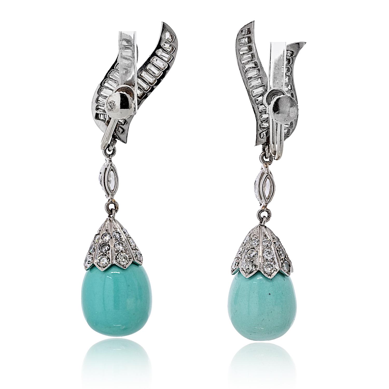 Donna Orecchini a goccia in platino Circe 1960 con diamante e turchese in vendita