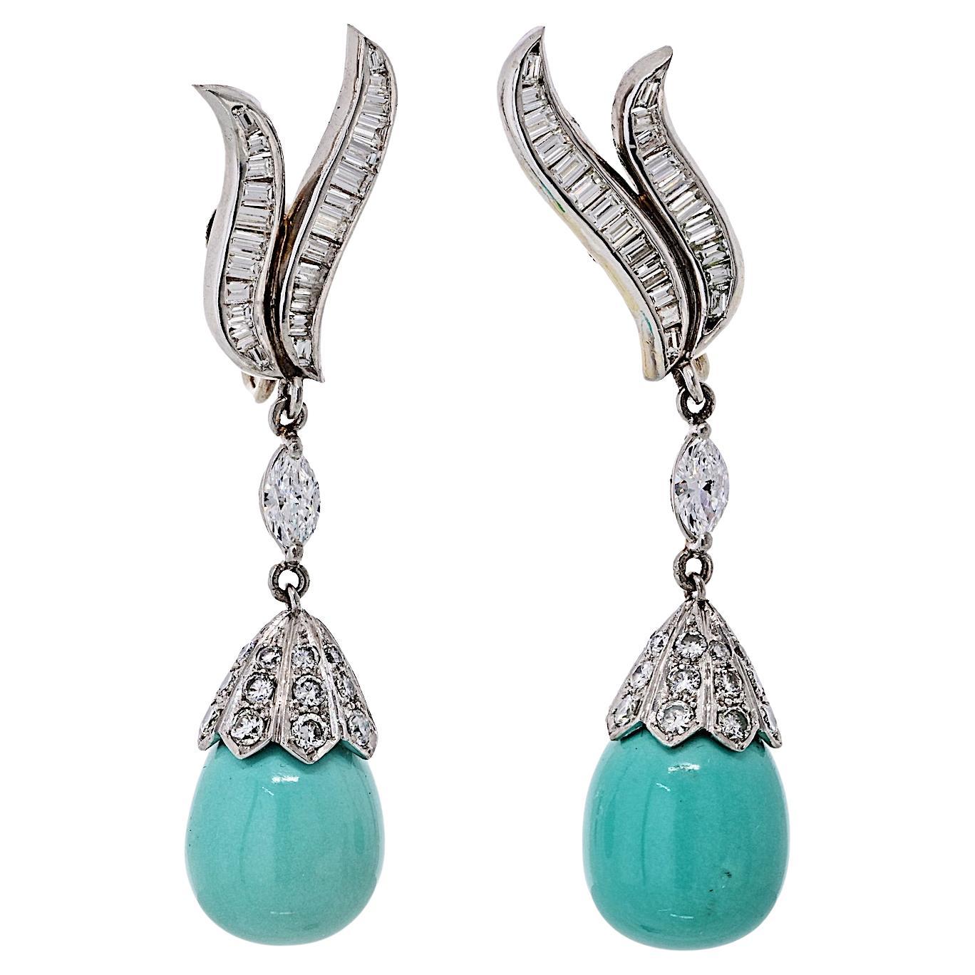 Orecchini a goccia in platino Circe 1960 con diamante e turchese