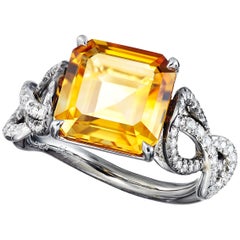 Platinum Citrine White Diamond Silver Rhodium Engagement Cocktail Ring