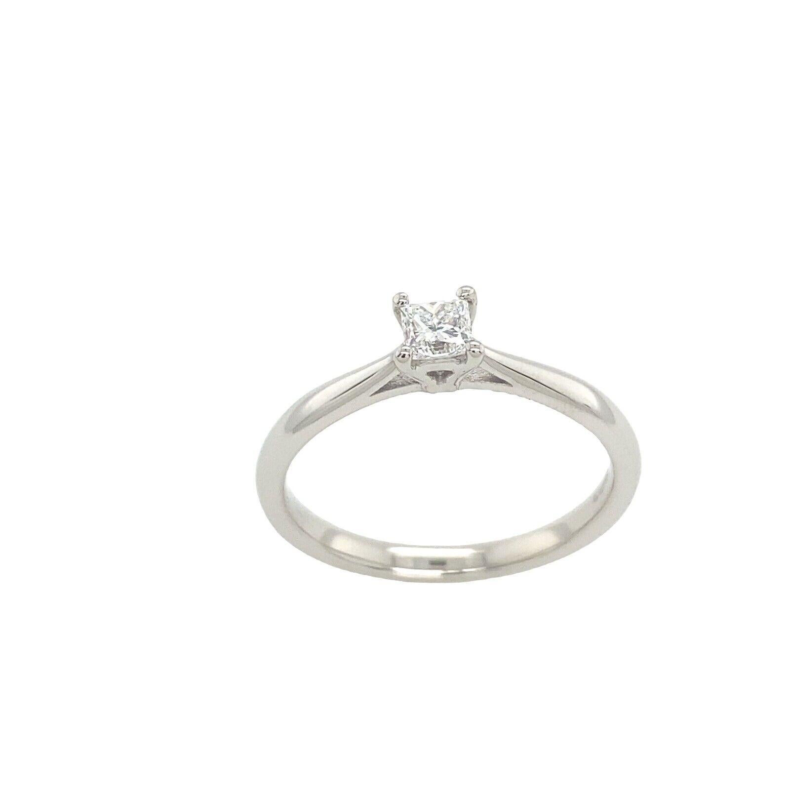 This diamond engagement ring features a 0.25ct princess cut diamond set in a platinum. The ring is certified by Beaverbrooks.

Additional Information:
Total Diamond Weight: 0.25ct
Diamond Colour: G
Diamond Clarity: SI1
Width of Band: 2.13mm
Width of
