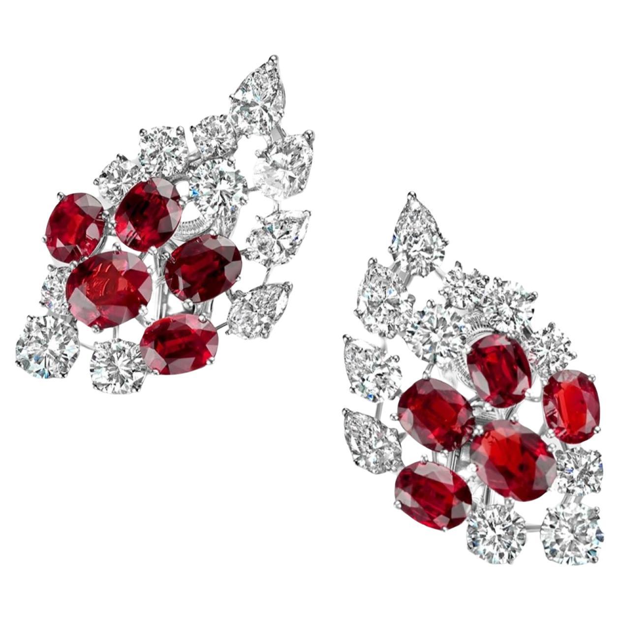 Platinum Clip-On Earrings 7ct Rubies CGL Certified, 6.8ct Diamonds, Estate Oman For Sale