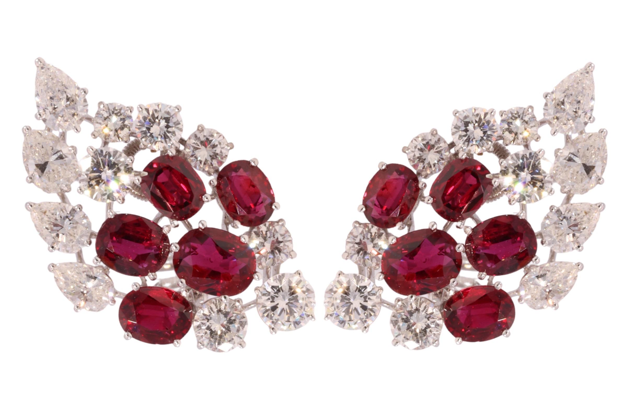 Platinum Clip-On Earrings 7ct Rubies CGL Certified, 6.8ct Diamonds, Estate Oman For Sale 5