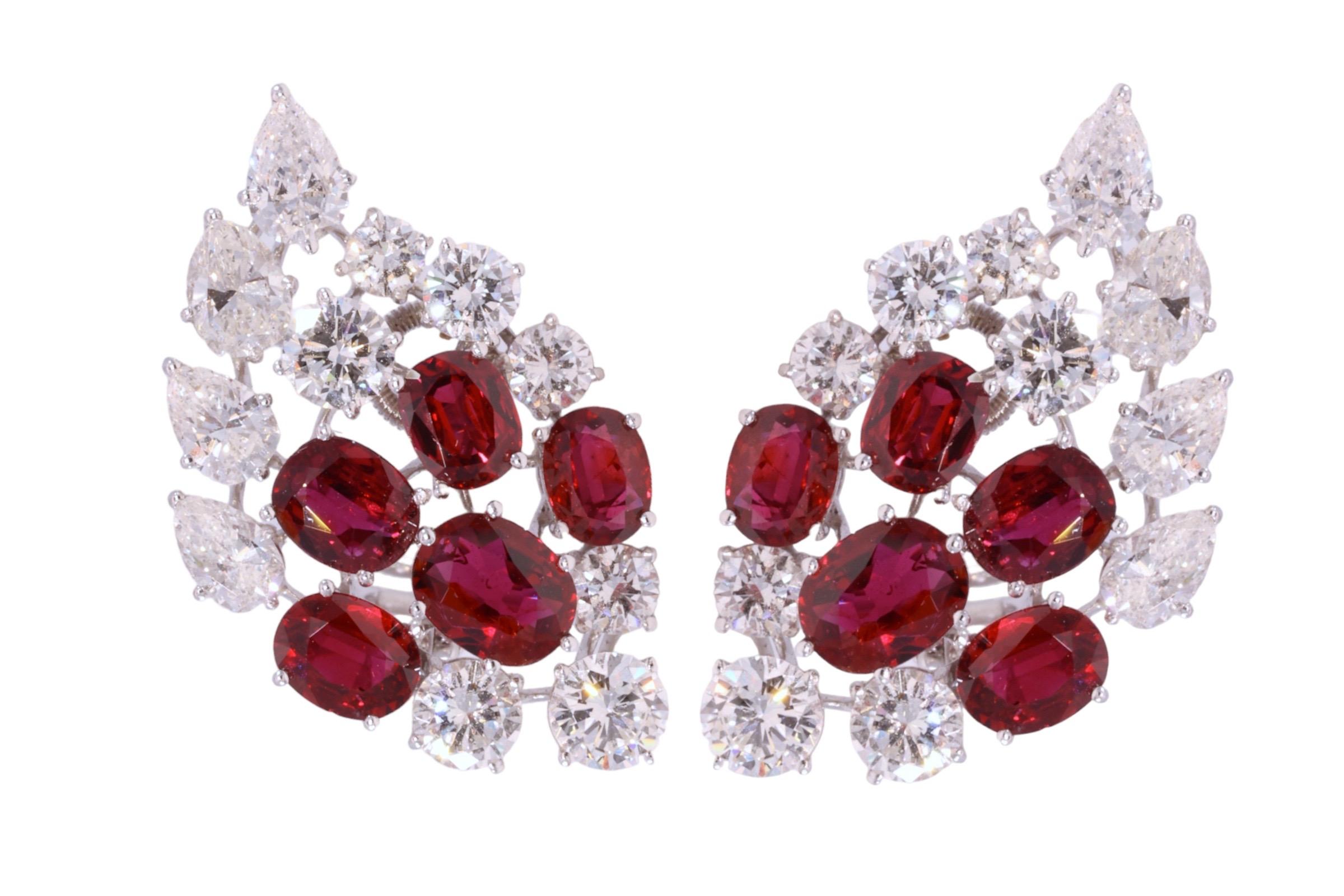 Artisan Clips d'oreilles en platine avec rubis de 7 carats certifié CGL et diamants de 6,8 carats, Estate Oman en vente