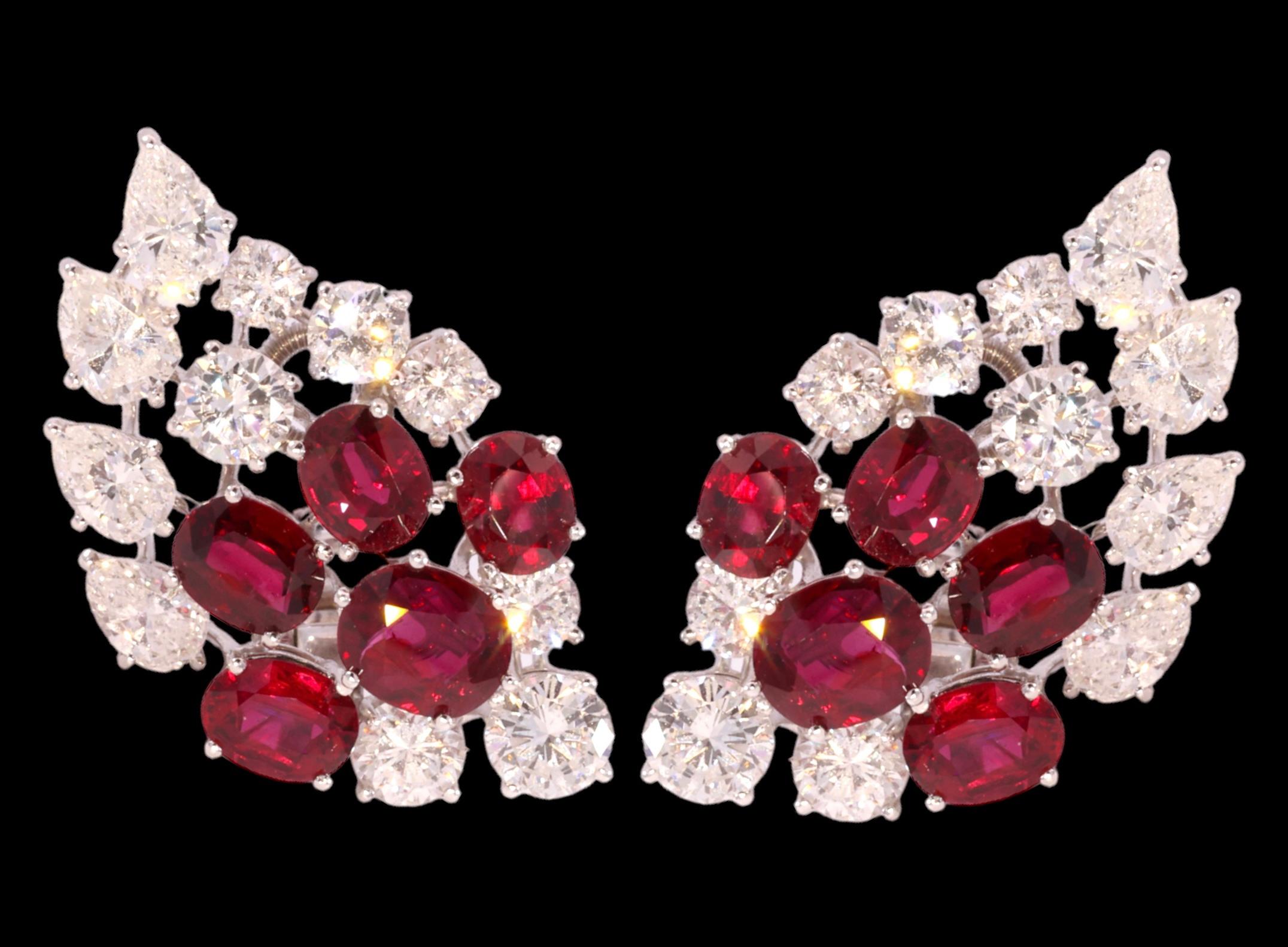 Artisan Platinum Clip-On Earrings 7ct Rubies CGL Certified, 6.8ct Diamonds, Estate Oman For Sale
