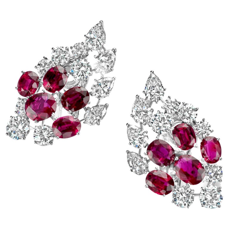 Platinum ClipOn Earrings 7ct Rubies CGL Certified, 6.8ct Diamonds